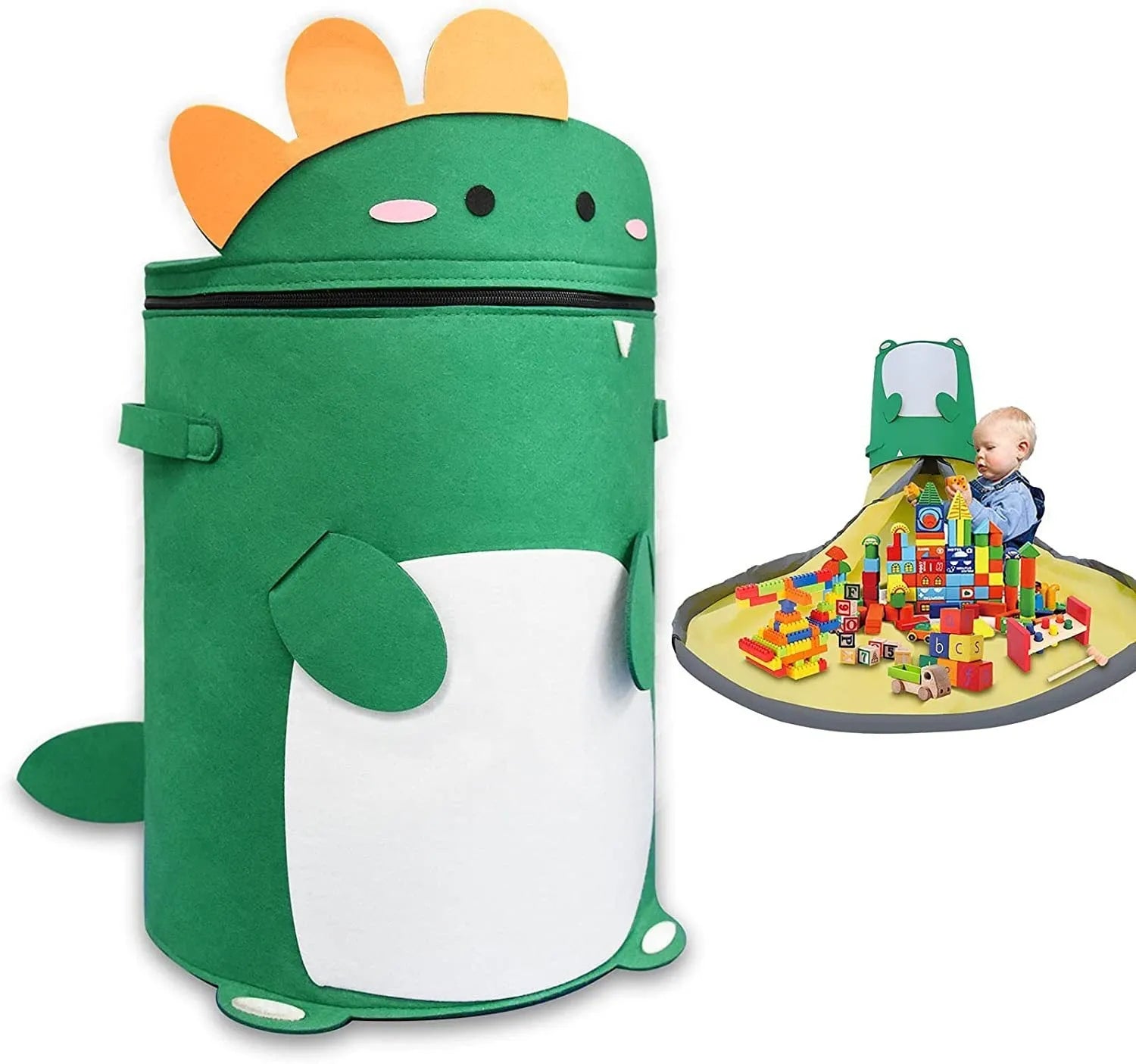 Green felt cube storage bag with pull rope, shown open as a play mat and closed as a toy container.
