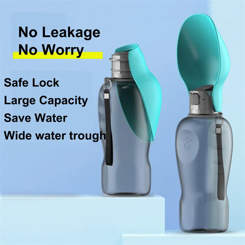 Blue grey portable dog water bottle with foldable drinking bowl extended, showing lock key.