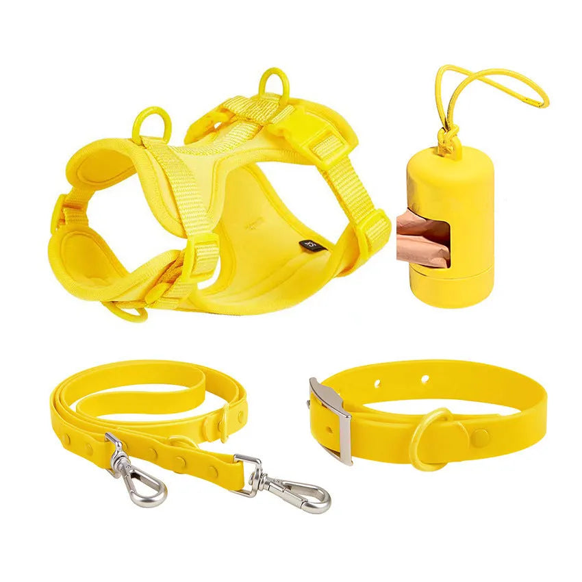 Waterproof PVC dog tactical chest back set with anti-bite collar, traction rope, toilet bowl, and chest and back piece in ten colours