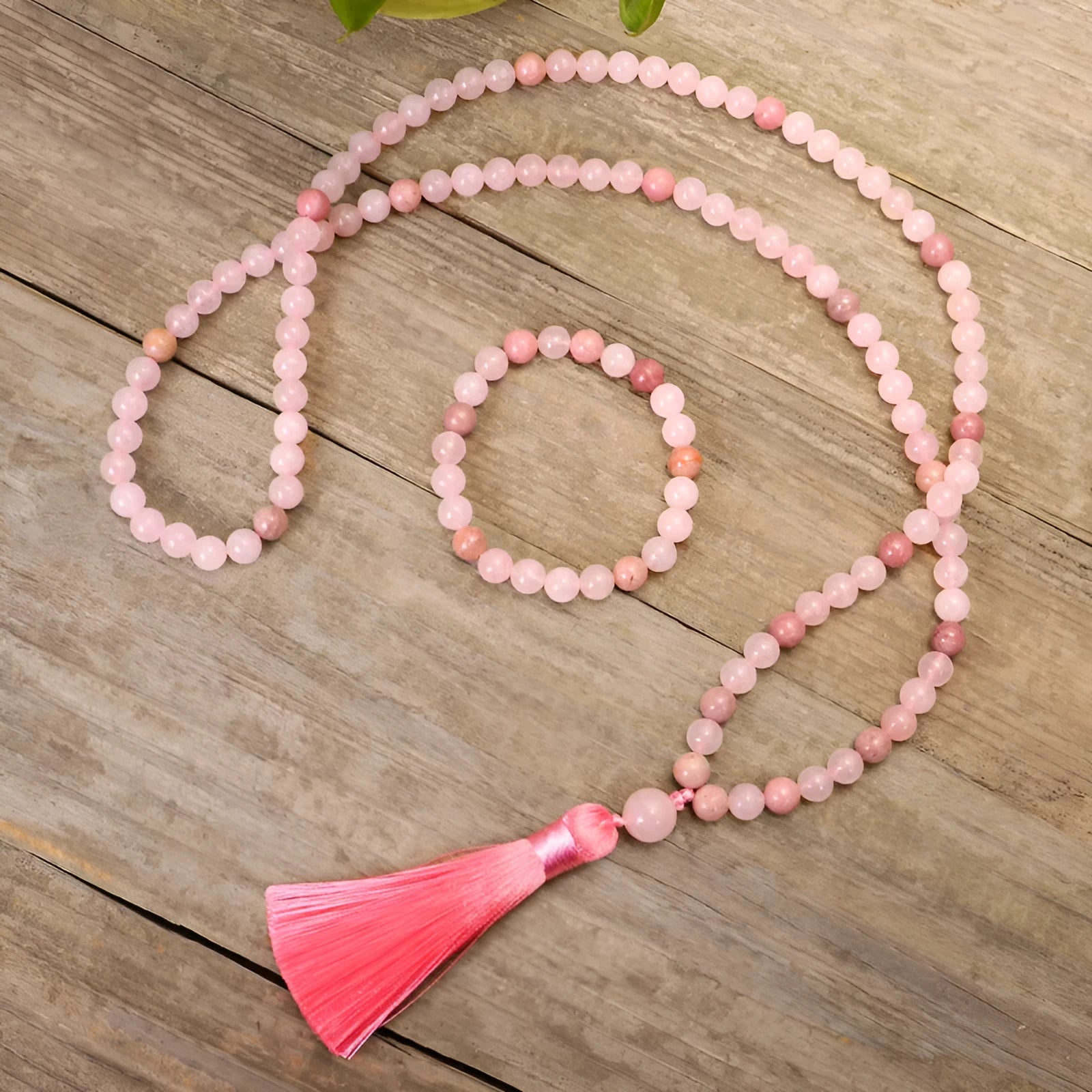 Stone bead string necklace and bracelet set with long fringe tassel pendant and drop shape crystal details