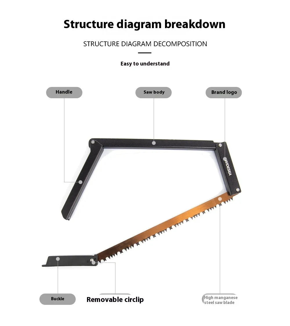 Black outdoor foldable survival saw with aluminium handle shown in open and closed positions.