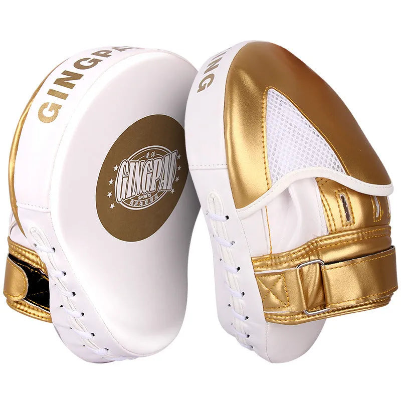Portable vertical Sanda boxing baffle target in gold colour with arm strap.