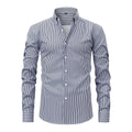Men's striped long-sleeved business casual shirt with a lapel collar on a hanger.