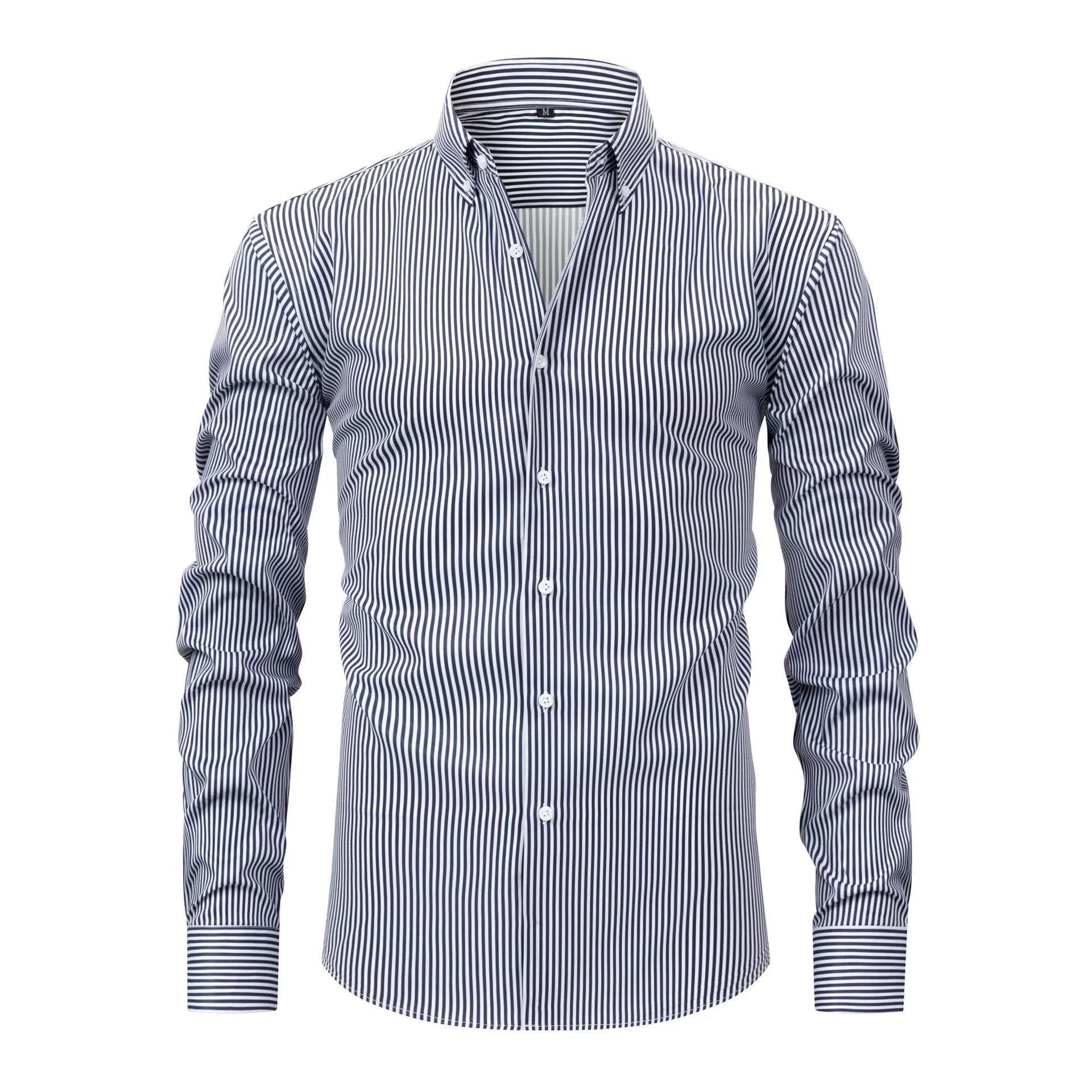 Men's striped long-sleeved business casual shirt with a lapel collar on a hanger.