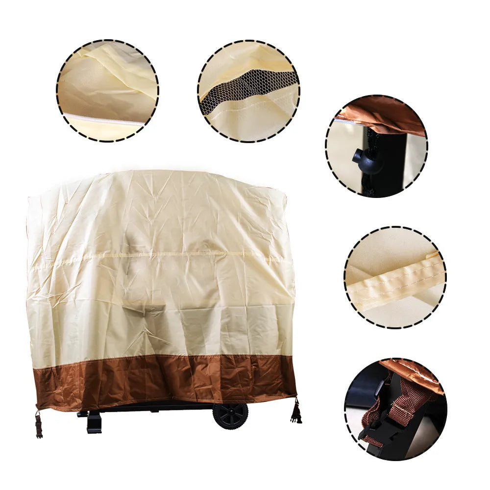 Beige ribbed polyester barbecue cover shown draped over a garden grill in a Nordic style.