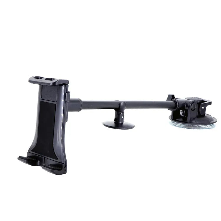 Black universal car tablet holder with suction cup mounted on a dashboard, holding an iPad.