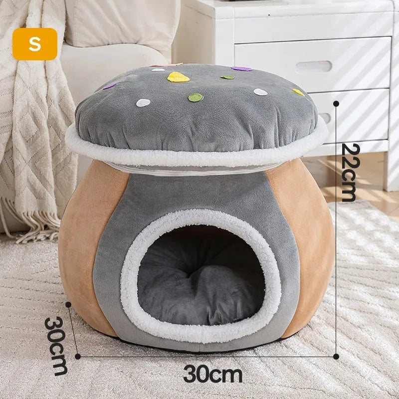 Grey mushroom-shaped plush cat nest bed for pets on a white background.