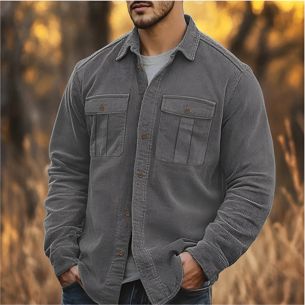 Men's retro corduroy shirt with velvet finish in Army Green colour showing loose fit and long sleeves