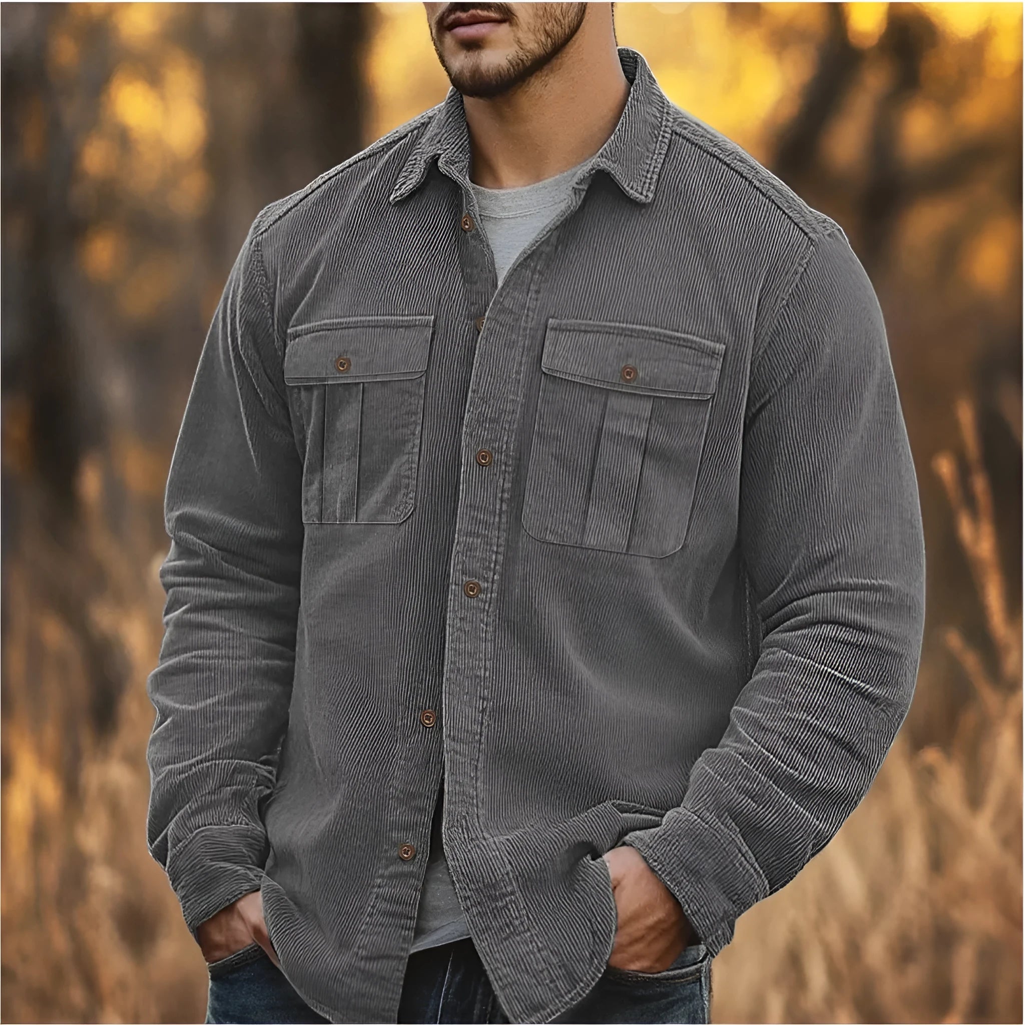 Men's retro corduroy shirt with velvet finish in Army Green colour showing loose fit and long sleeves