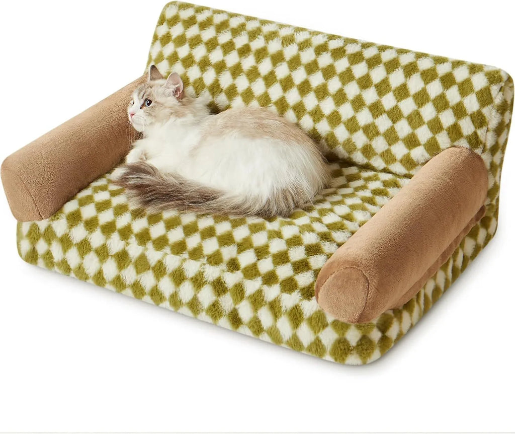 Checkered pet sofa bed for cats and small dogs with removable cover and non-slip bottom