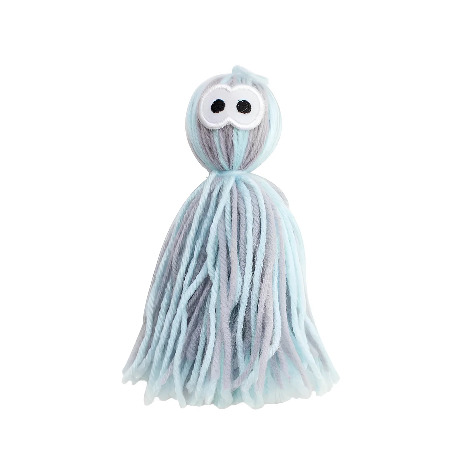 Blue and grey bite-resistant wool ball cat toy hanging from a teaser stick.