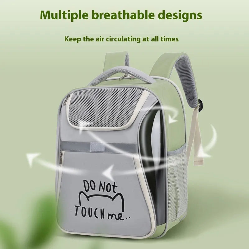 Expandable pet backpack in beige with contrast-pattern PVC Oxford material, medium capacity, on display