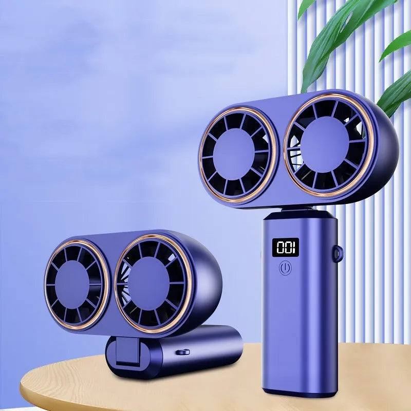 USB rechargeable handheld fan folded showing digital display screen and available in three colours