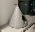 Grey cone-shaped felt cat house measuring 50cm wide with enclosed tent design