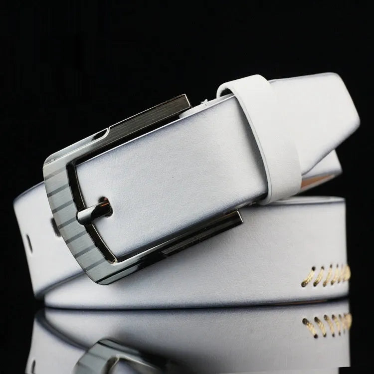 Men's imitation leather casual belt with alloy pin buckle in black, shown at 110cm length