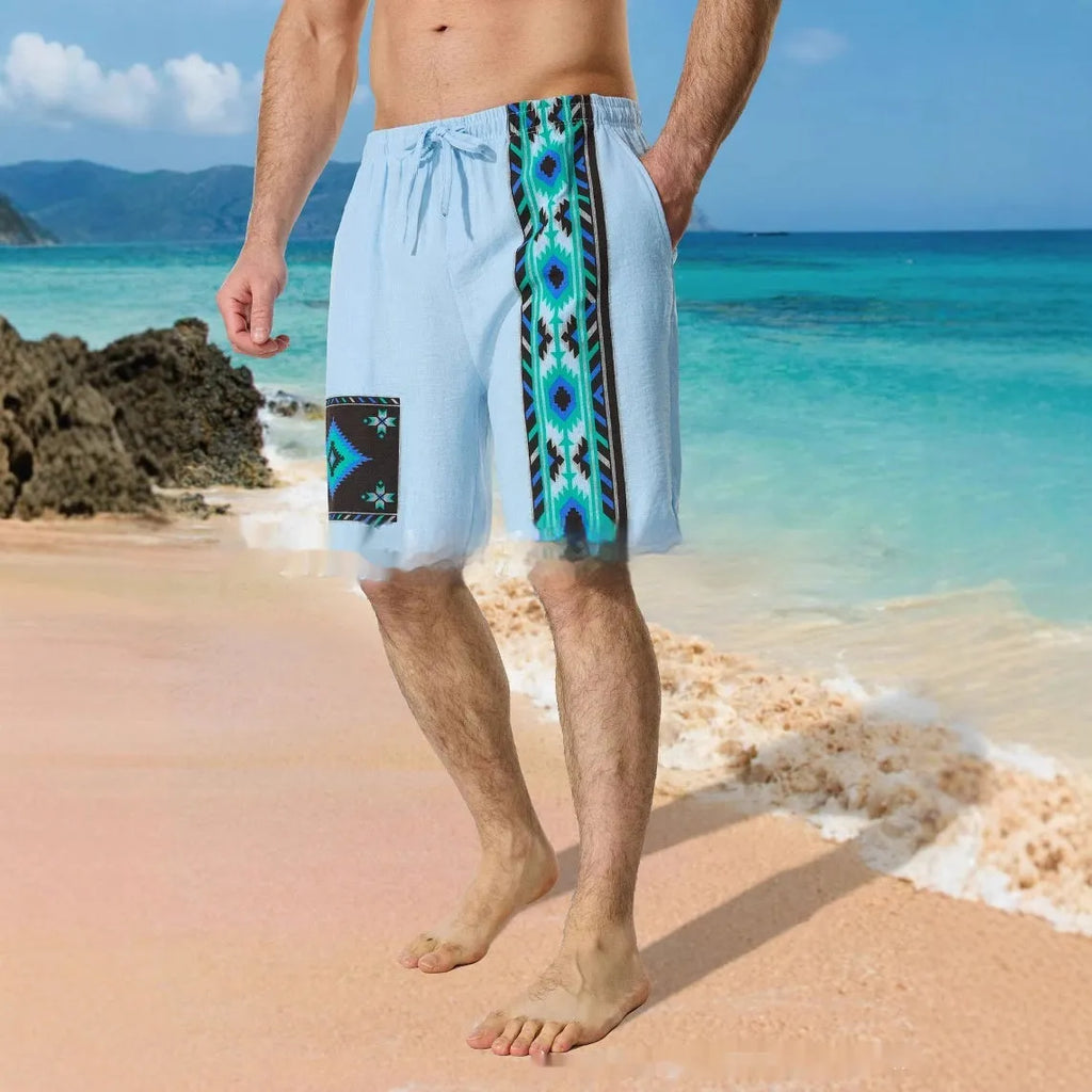 Men's blue casual shorts with digital colour block pattern and lace-up waist detail