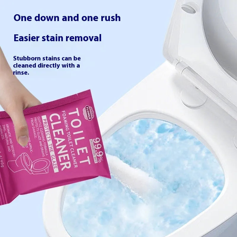 Toilet effervescent cleaning powder in blue ocean or pink floral fragrance, showing box of 5 bags and large refill bag.