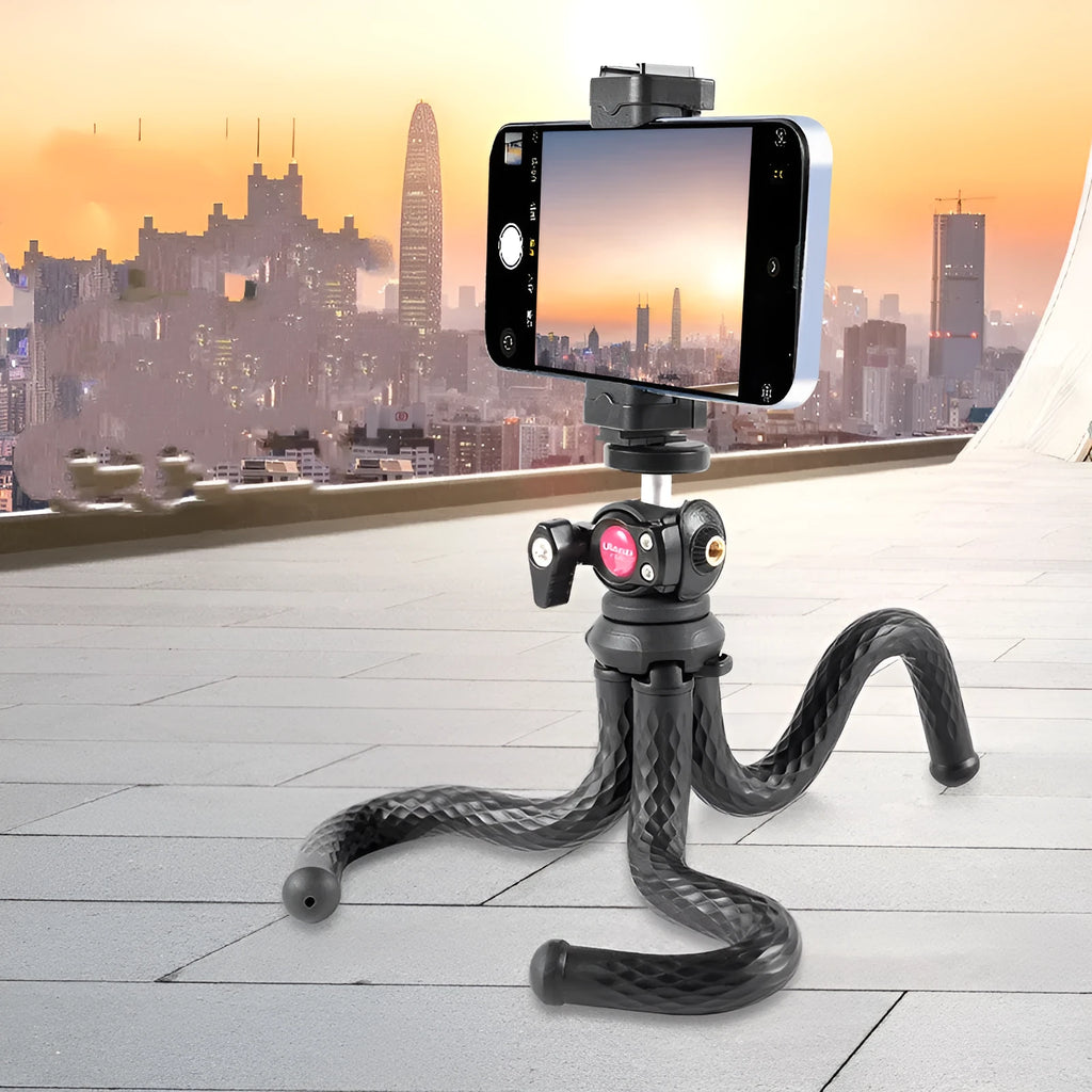 Black flexible octopus leg tripod with mobile phone clip attached, FT-01 model.
