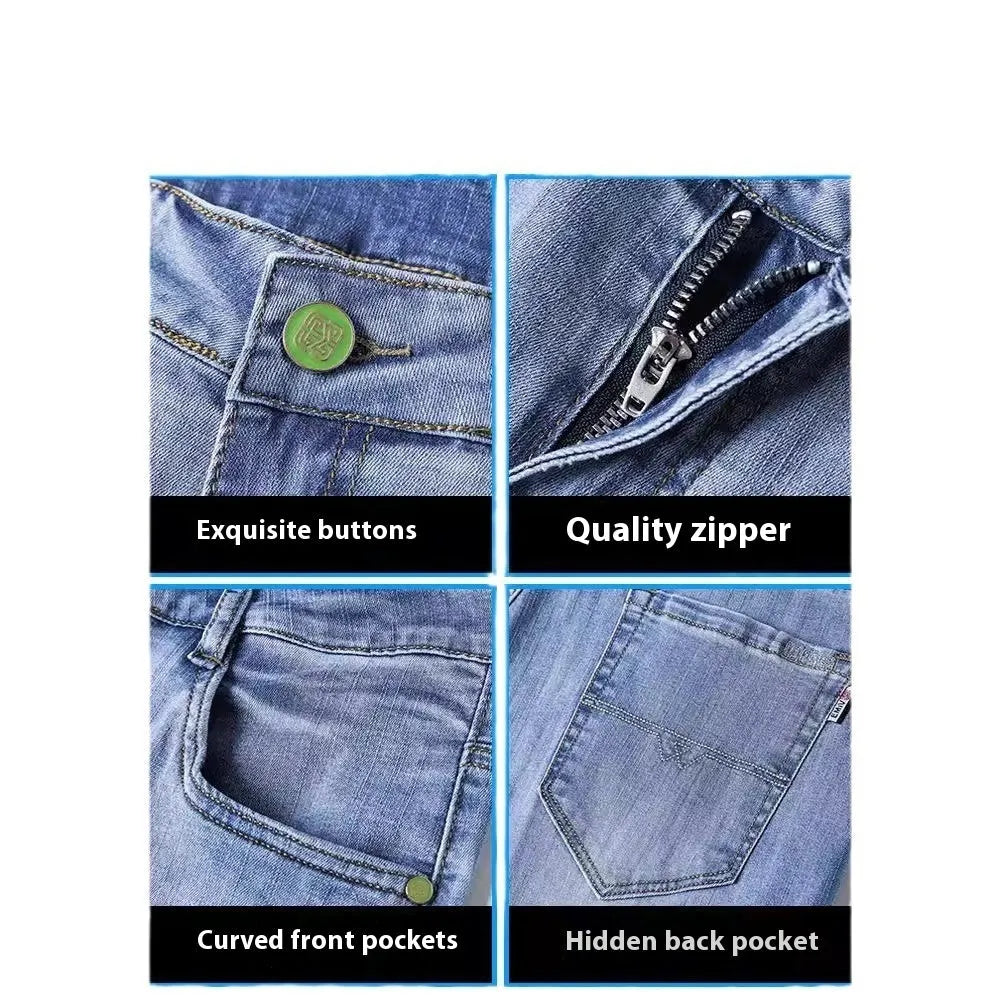 Tapered thin stretch denim trousers for business casual wear in light blue