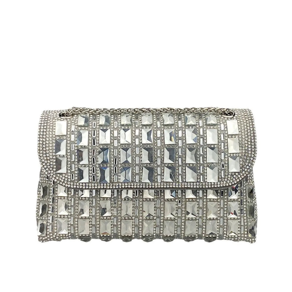 Shiny glass rhinestone chain clutch purse with diamond accents in horizontal square shape