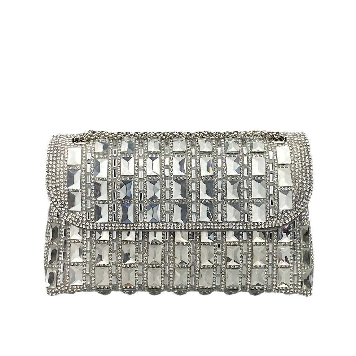 Shiny glass rhinestone chain clutch purse with diamond accents in horizontal square shape