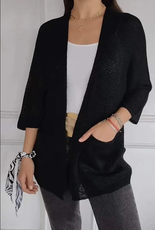 Women's waffle knit cardigan coat in apricot colour with nine-quarter sleeves and side pockets