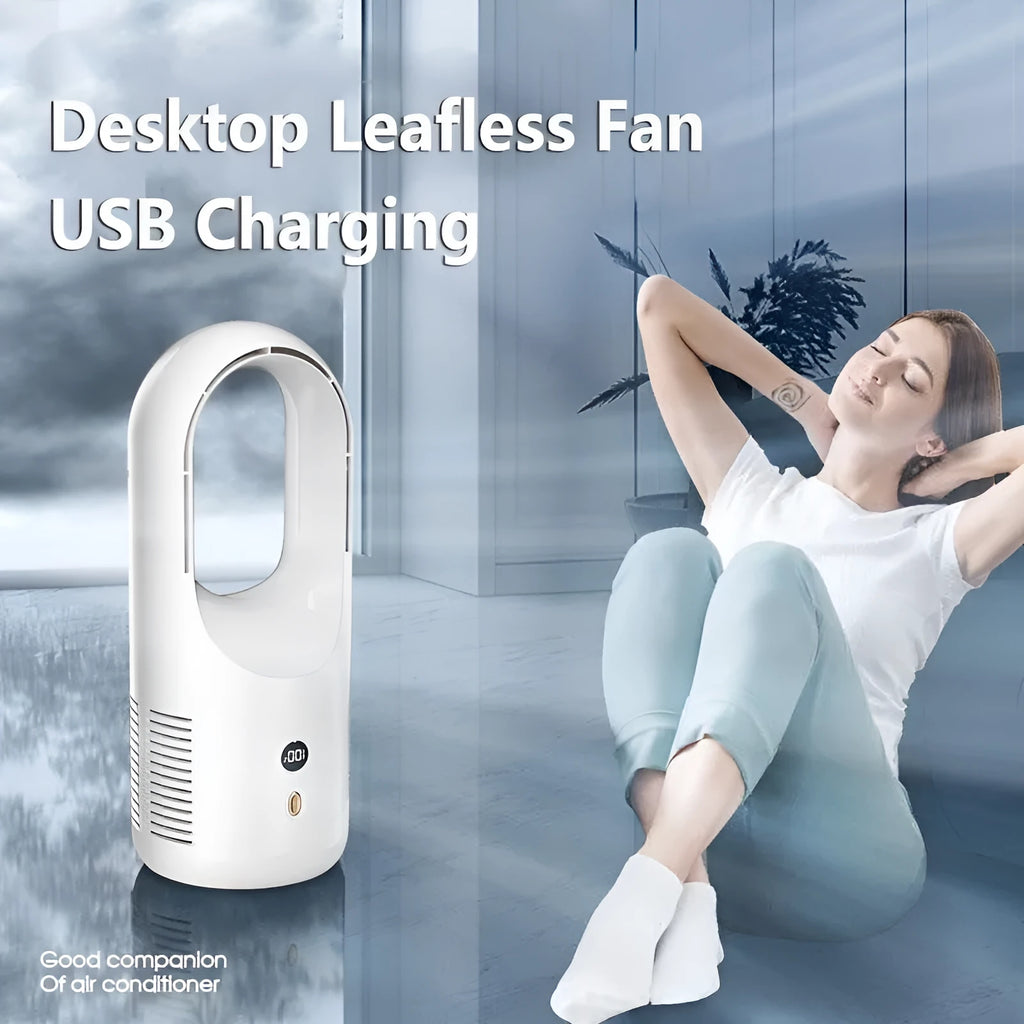 White USB rechargeable bladeless desktop fan with LED display on a wooden desk.