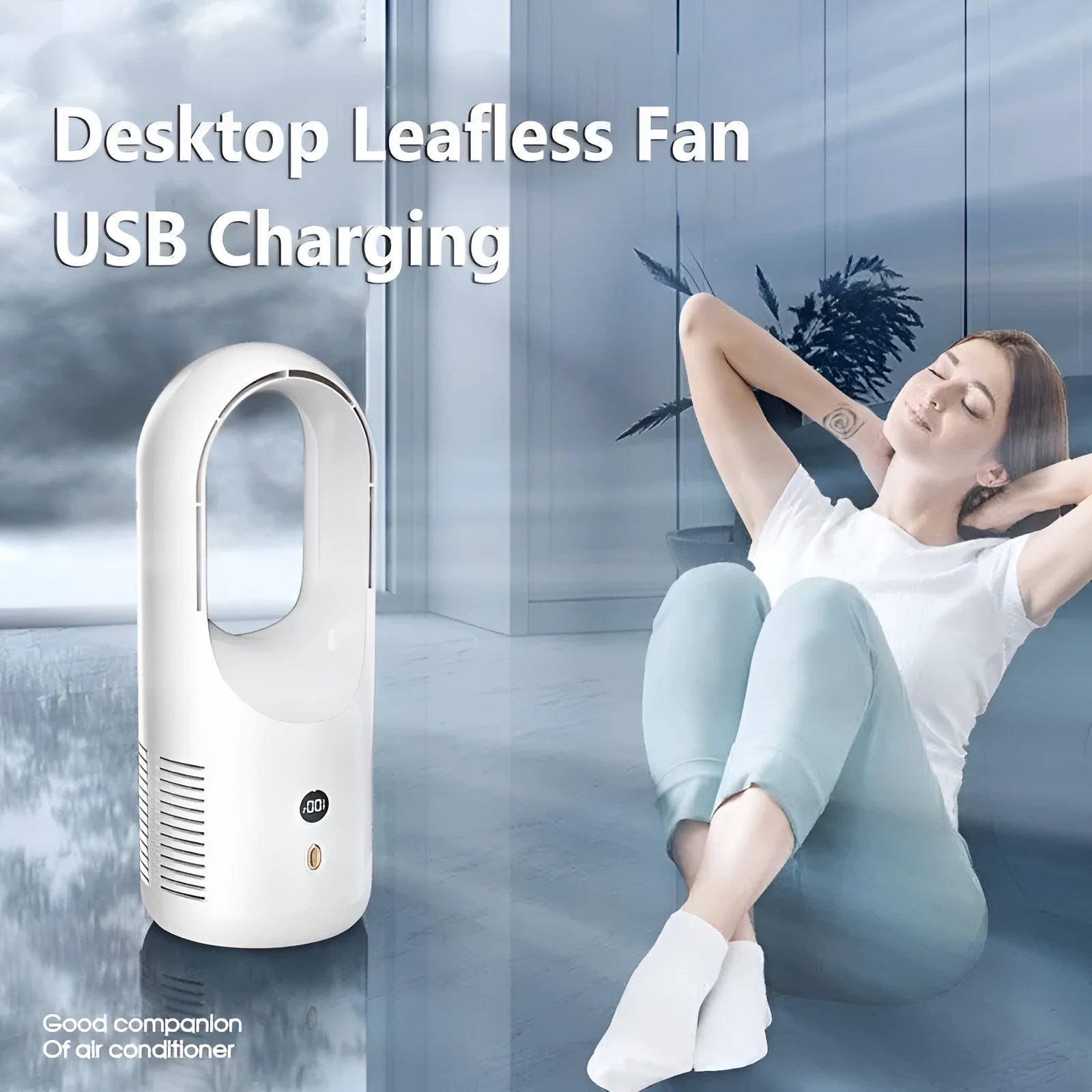 White USB rechargeable bladeless desktop fan with LED display on a wooden desk.