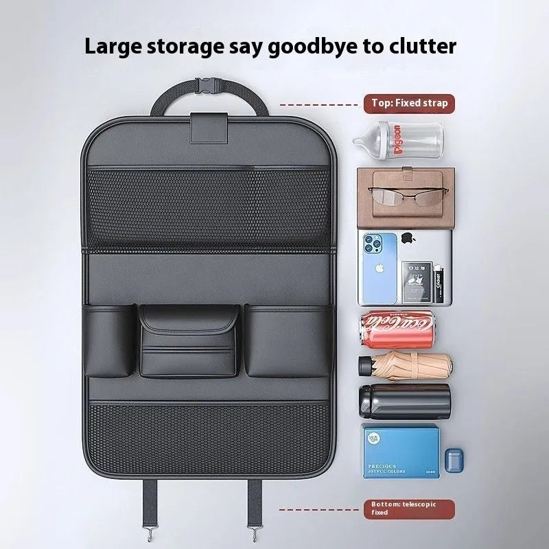 Black leather car seat back storage rack with handle and suspension straps