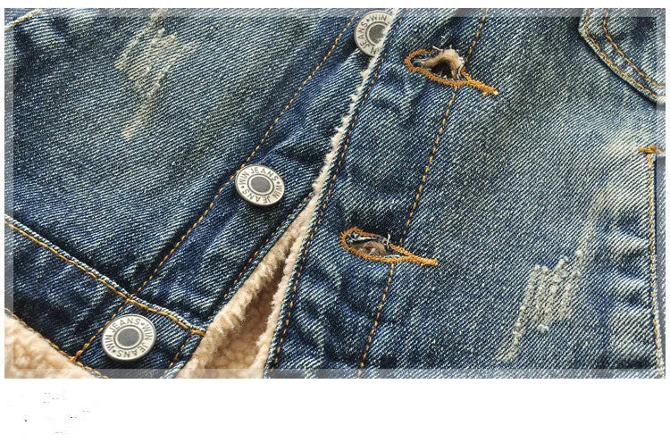 Children's baby thickened Korean style fur collar denim jacket in denim colour with square collar
