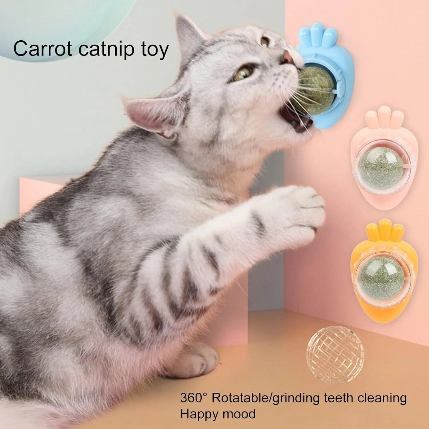 Blue carrot-shaped catnip ball with adhesive backing for wall mounting and dental cleaning
