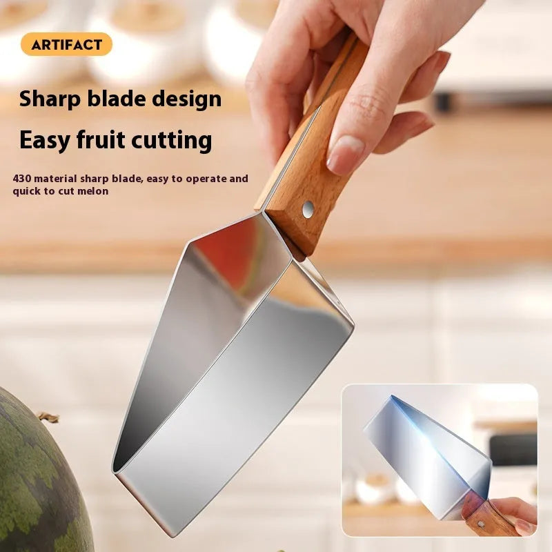 Stainless steel triangle fruit cutter knife with a removable protective cover for slicing melon and watermelon.