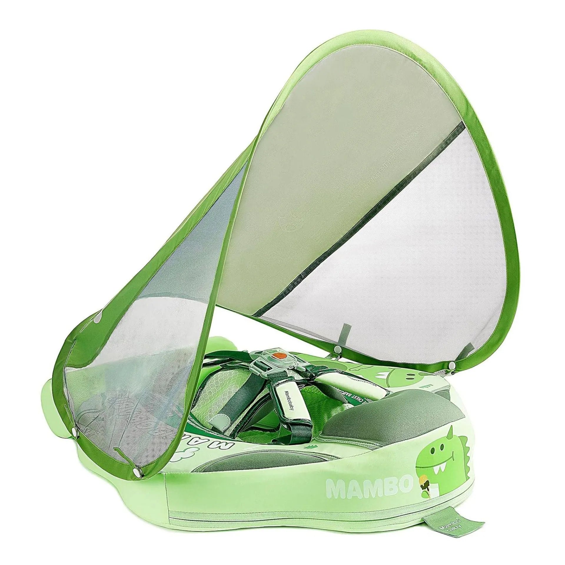 Dinosaur pattern baby inflatable swimming ring with integrated sun shade in green colour