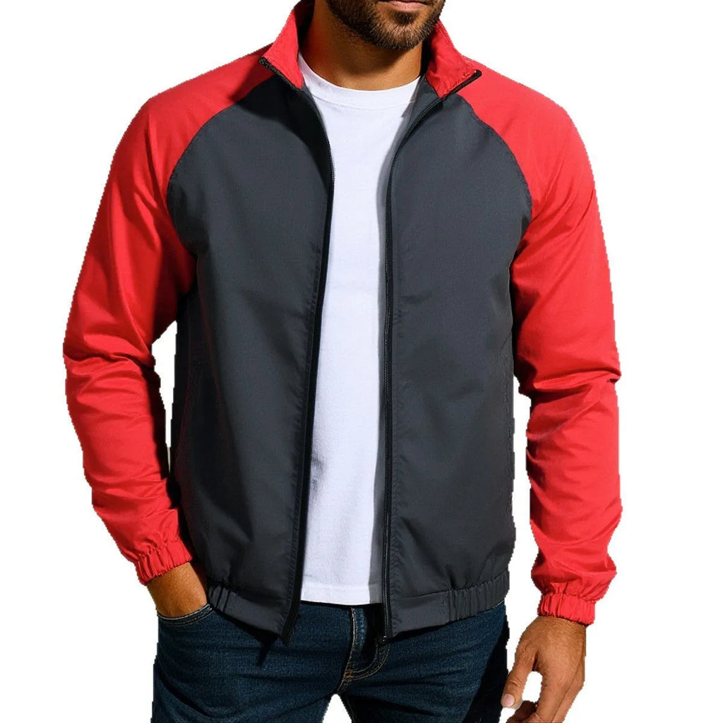 Men's casual stand collar coat in loose fit with raglan sleeves, shown in red, khaki, and green colour options