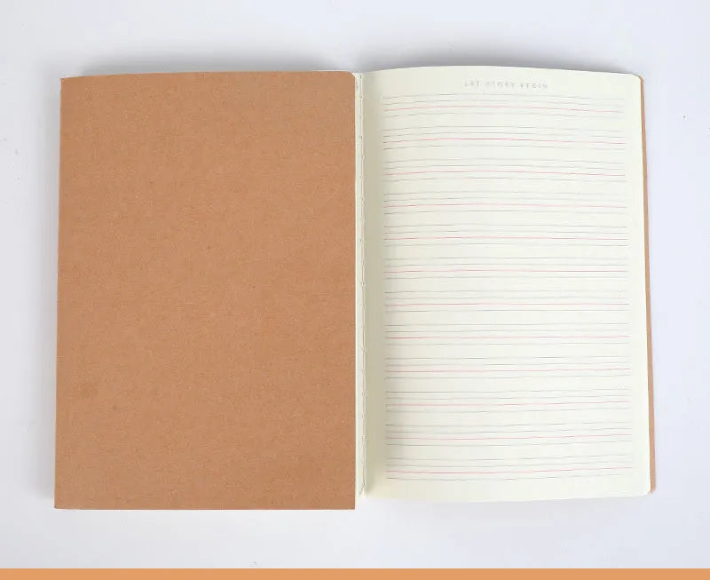 Beige leather cover thread-bound notebook open showing lined paper pages in 16K size.