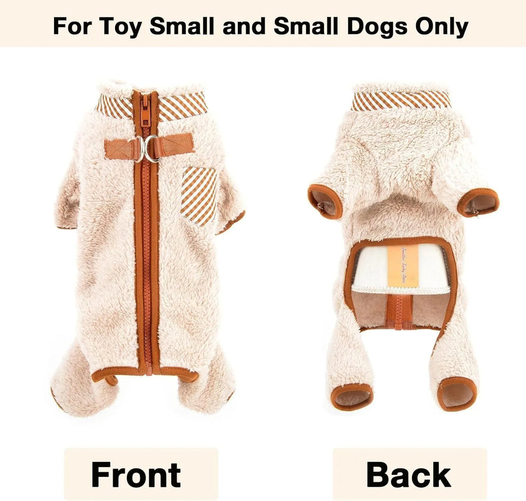 Plush fleece four-leg dog jumpsuit coat with back zipper for small breed winter warmth
