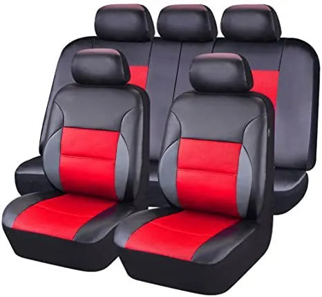 Artificial leather car seat cover set in black showing front seat and headrest pieces