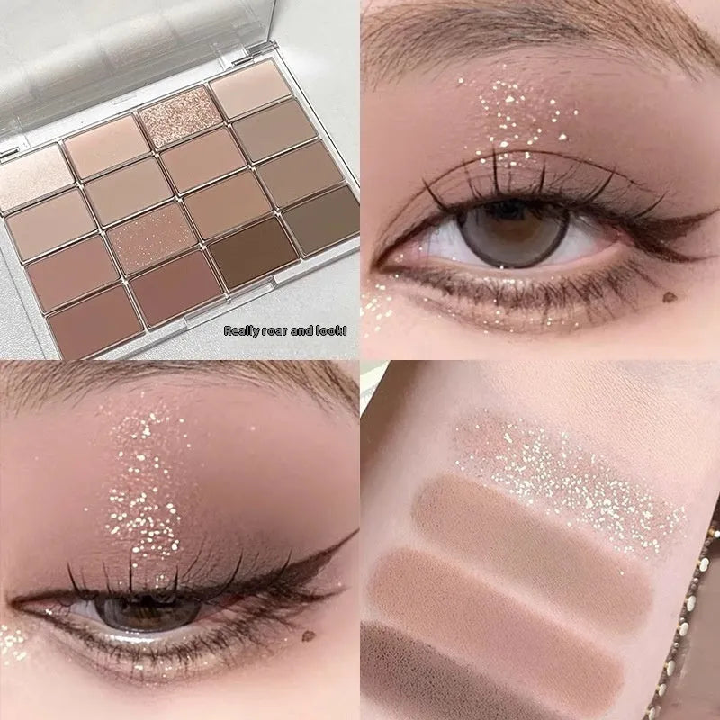 Eyeshadow palette showing 16 colours including shimmer and matte finishes, with shades like life fuzzy and cocoa fuzzy.