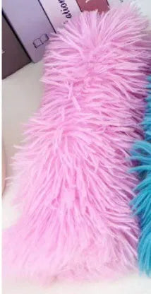 Blue, green, pink, and white cat plush toy pillows measuring 27cm by 10cm.