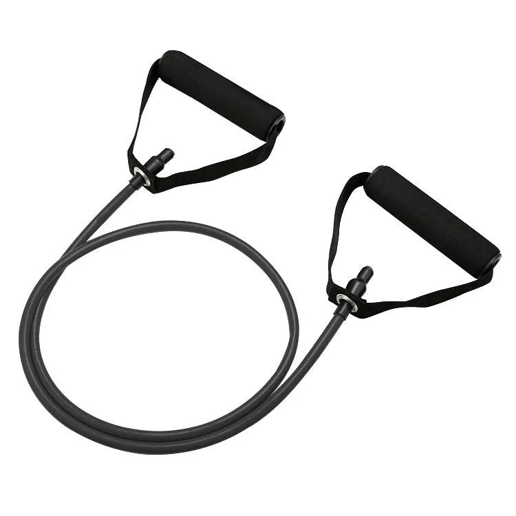 Colour-coded TPE chest expander resistance bands in yellow, green, red, blue, and black.