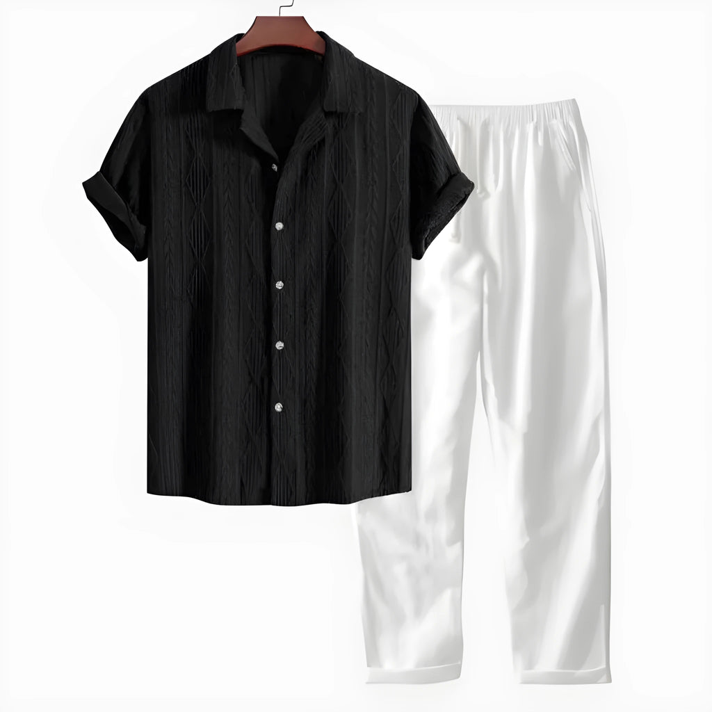 Men's slim fit camouflage print short sleeve shirt and trousers casual linen suit set.