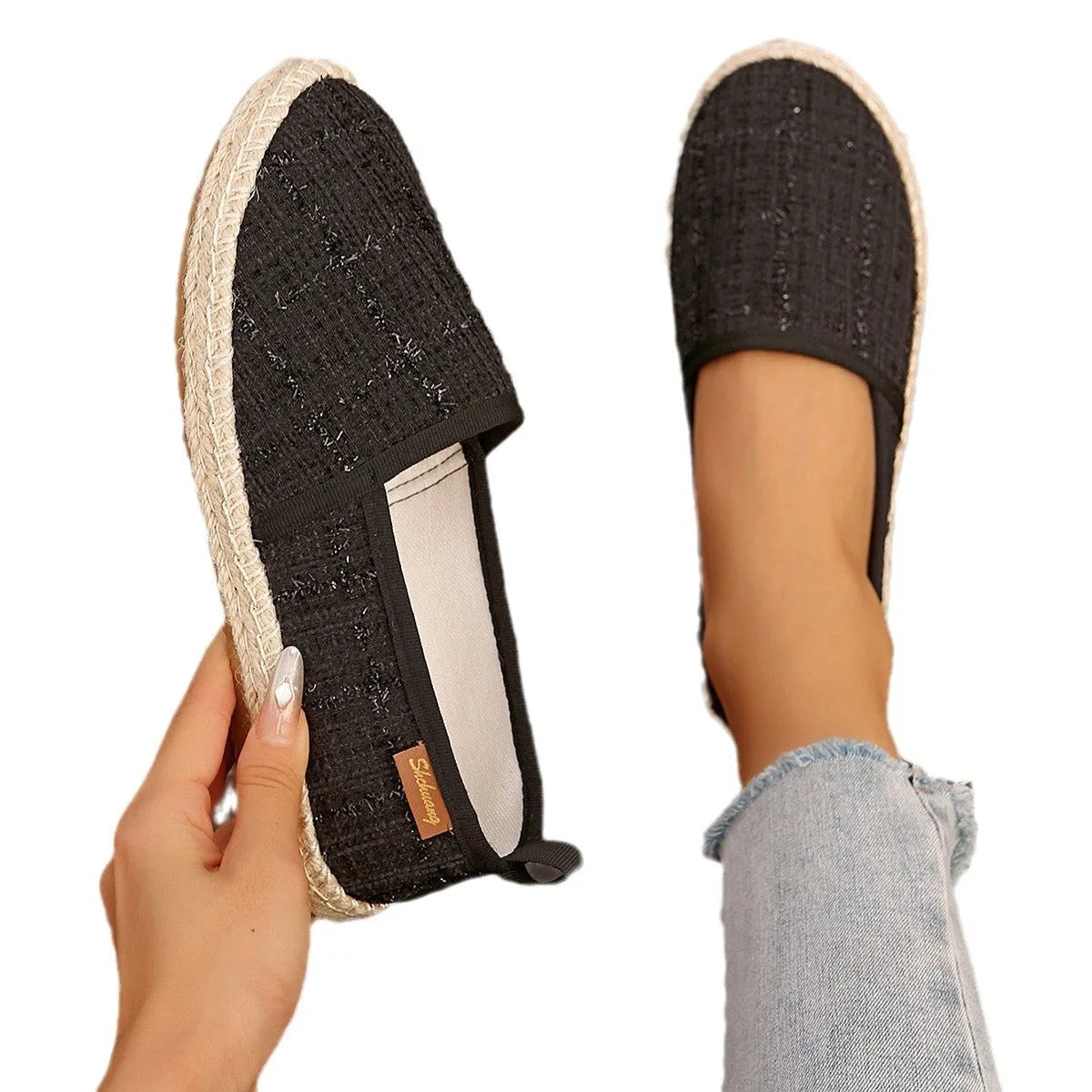 Canvas fisherman shoes with rope soles in black, white and milky white colours with flat heel round toe design