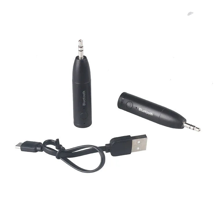 Black Bluetooth audio receiver with 3.5mm aux jack for car stereo wireless music streaming