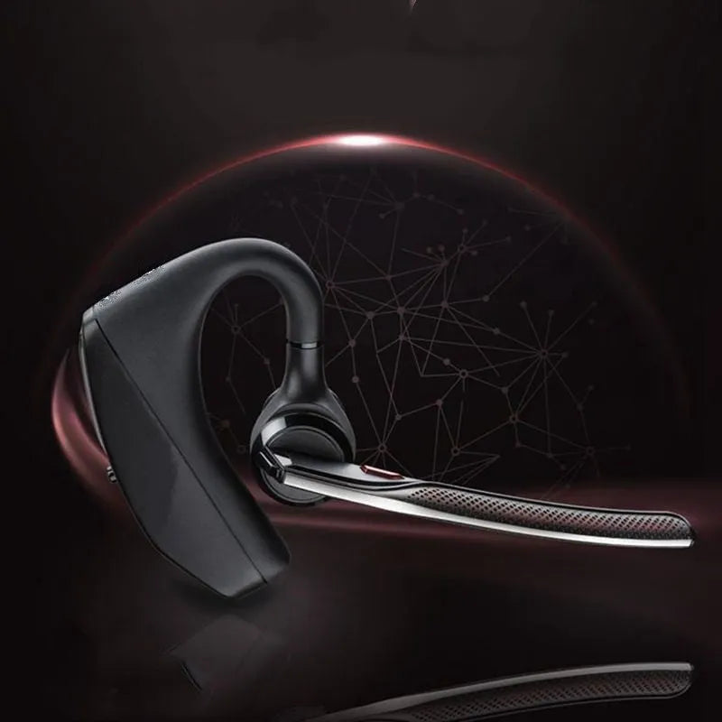 Black plastic Bluetooth sports headphones with a large battery, shown with a USB cable.