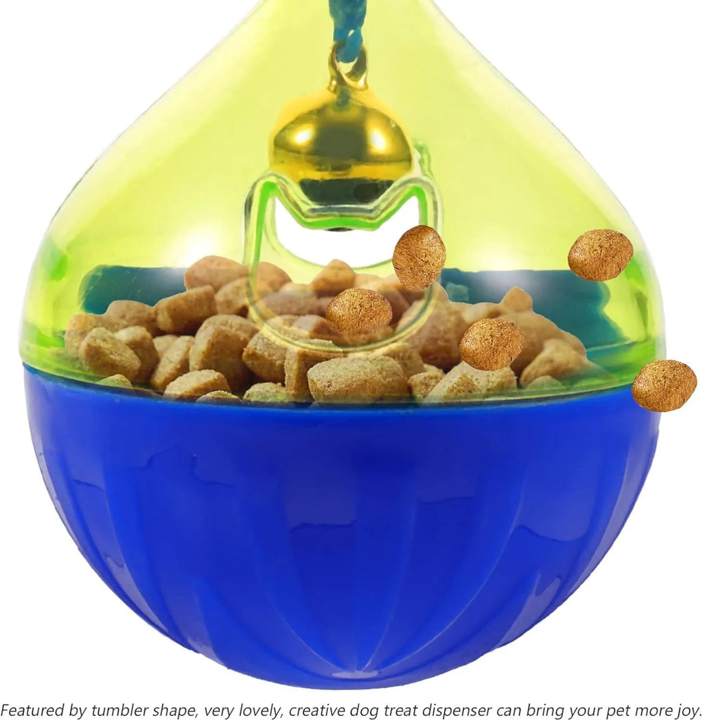 Blue tumbler-shaped pet treat dispenser toy for dogs and cats with treat holes