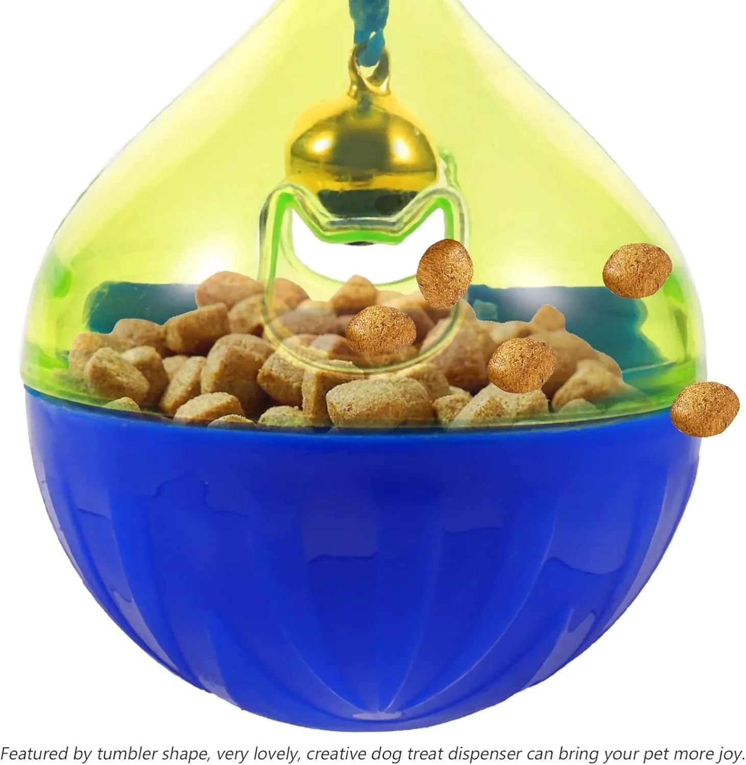 Blue tumbler-shaped pet treat dispenser toy for dogs and cats with treat holes