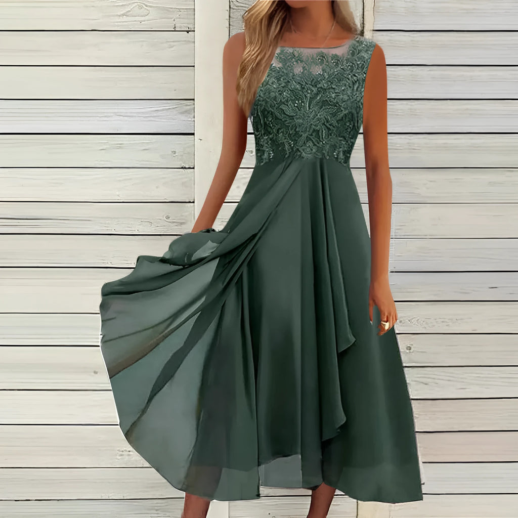 Women's sleeveless chiffon midi dress with lace hollow-out stitching in blue.