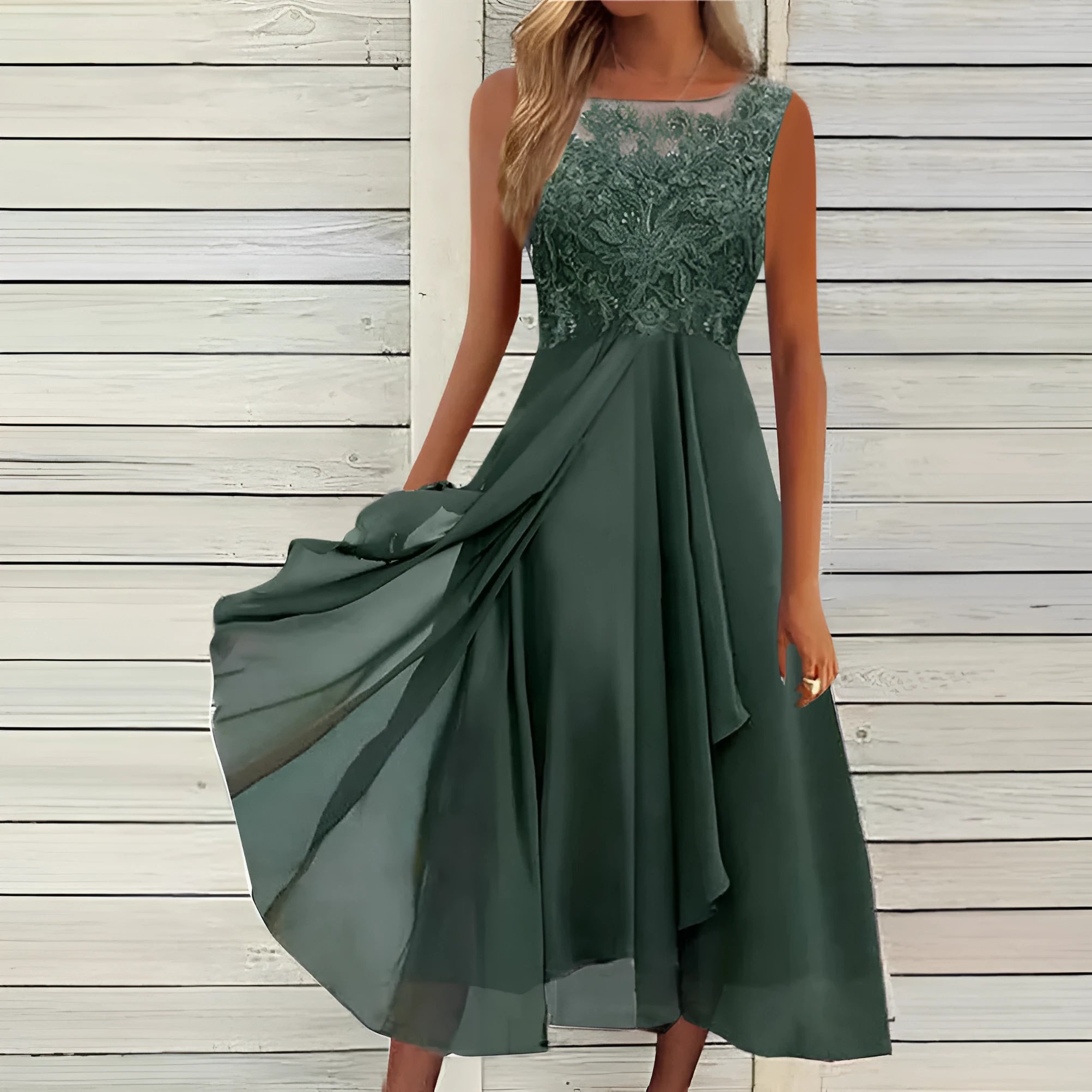 Women's sleeveless chiffon midi dress with lace hollow-out stitching in blue.
