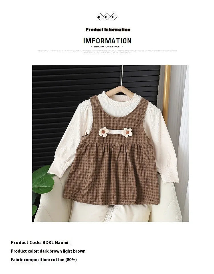 Baby girl wearing dark coffee plaid Korean style dress suit with matching shirt