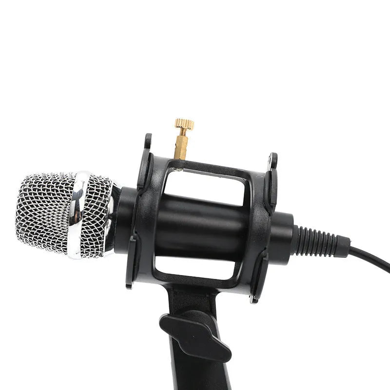 Black condenser microphone mounted on a silver aluminium adjustable stand with 3.5mm and USB cables.
